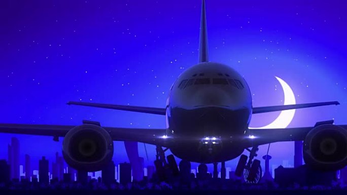 阿布扎比阿联酋飞机起飞月亮之夜蓝色天际线旅行