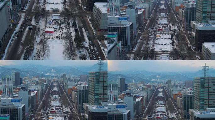Sapooro城市景观鸟瞰图的向上倾斜镜头