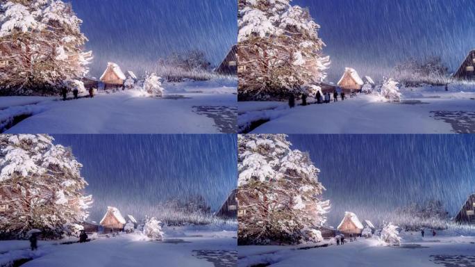 夜间在Shirakawago村下雪