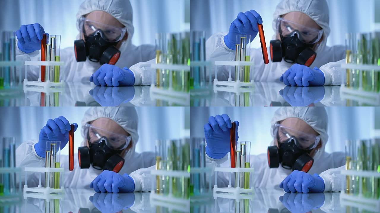 男性化学家用生物危害物质检查试管，毒理学测试
