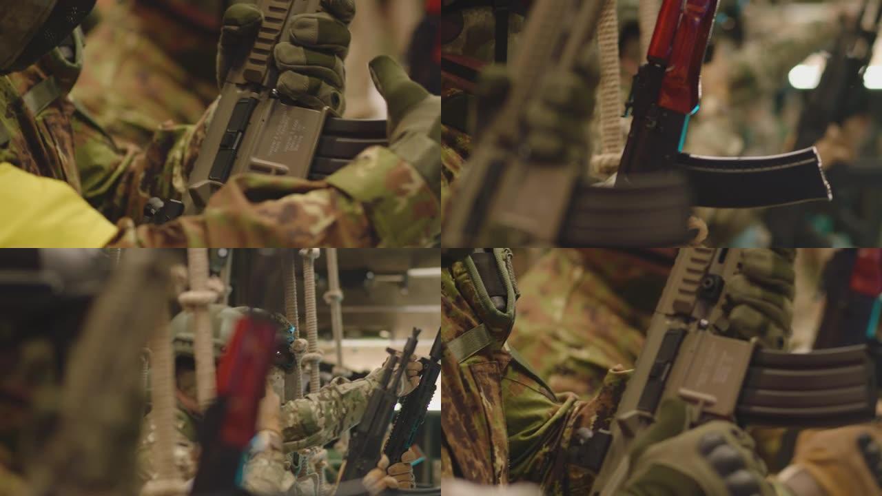 一组士兵或特种部队在战斗前装载武器和安装杂志。军事、战争或打击球主题概念。等待比赛。由ARRI Al