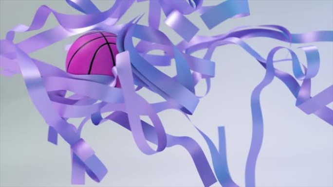抽象概念。一簇蓝丝带。一只紫色的篮球飞过彩带。慢动作。特写。