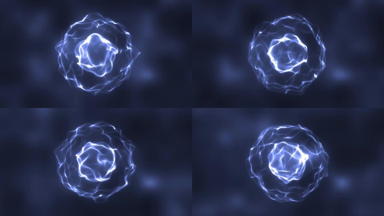 抽象蓝色能量圆球用粒子波发光高科技数字魔术抽象背景。视频4k，60 fps