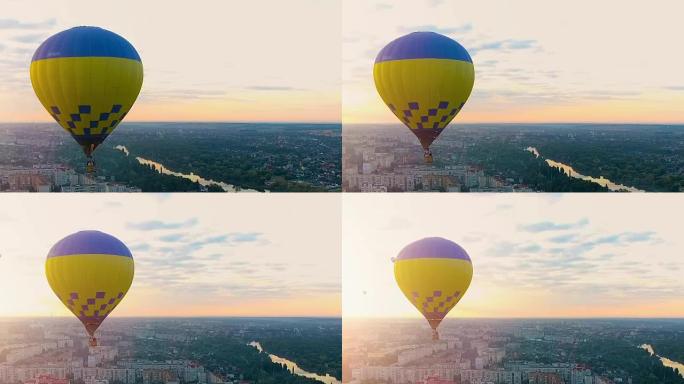 乘坐热气球飞往城市上方的日落，假日娱乐