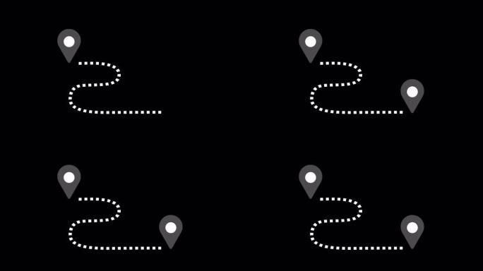 带有线的两个位置点连接，透明背景上的位置Pin指针，Alpha通道上的动画卡通位置图标符号，在时间轴