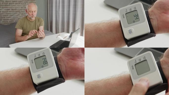 老人在家中使用腕带眼压计测量血压，然后将其取下