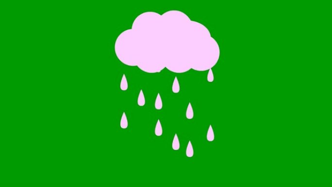 云中的动画粉红色雨滴。循环视频。下雨了。矢量插图孤立在绿色背景上。