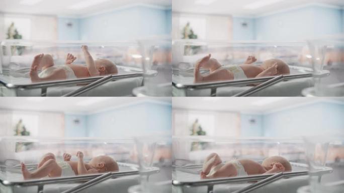 婴儿出生后躺在产科病房摇篮中的婴儿肖像。可爱的新生儿呼唤母亲，感到精力充沛，失眠。分娩和医疗诊所的概