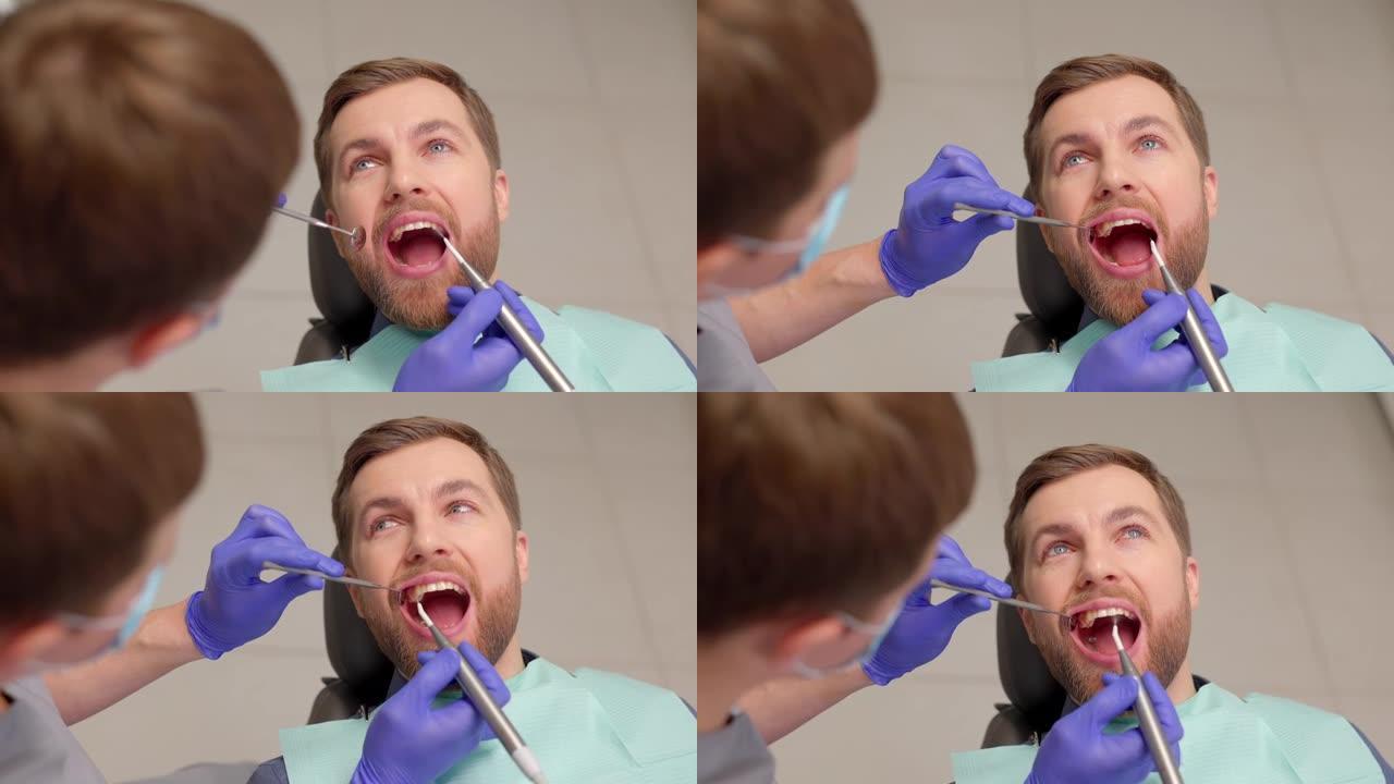 在牙医处检查牙齿的人。龋齿预防概述
