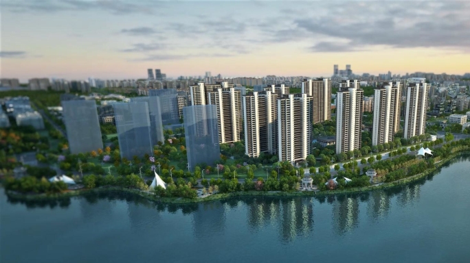 航拍湖景房住宅三维动画