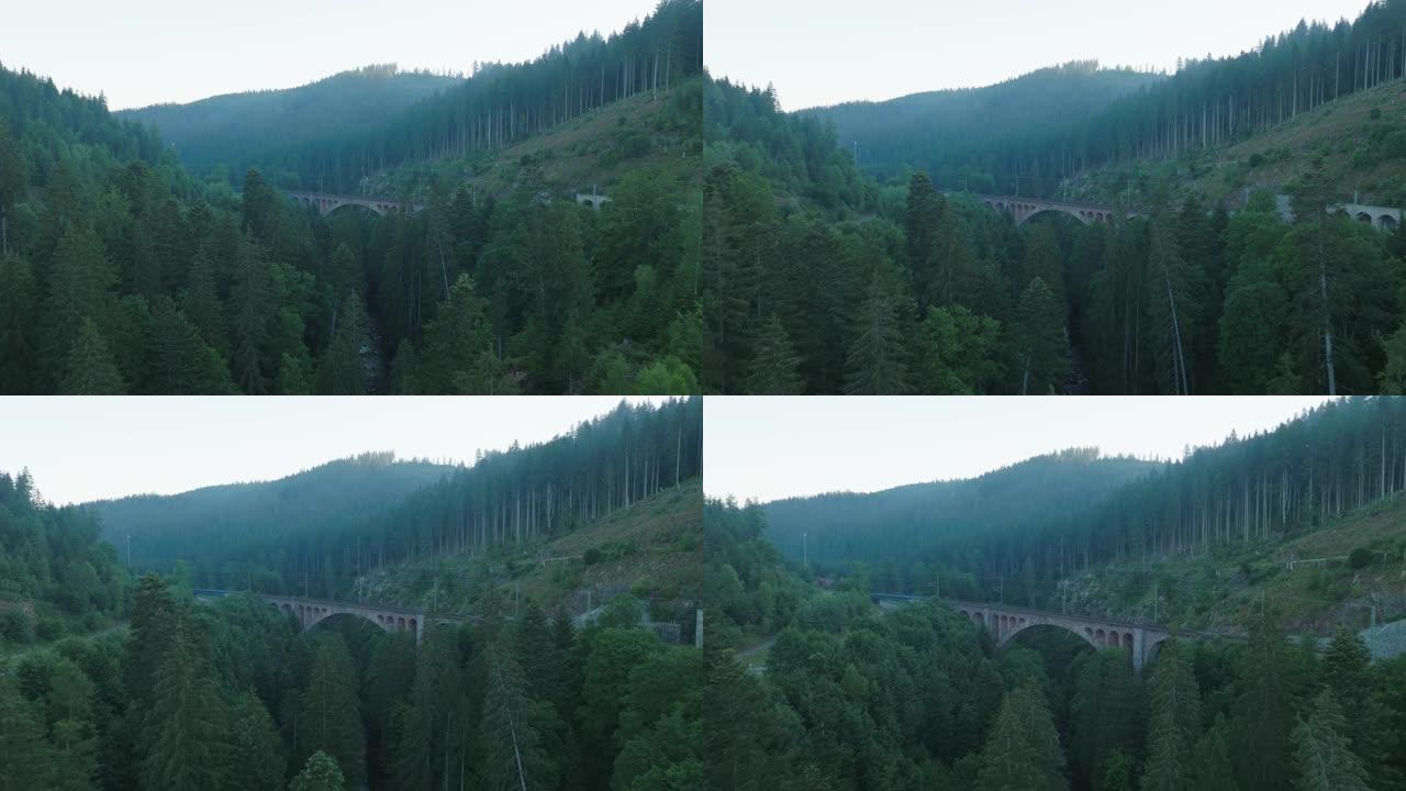 空中无人机拍摄了森林中的火车栈桥