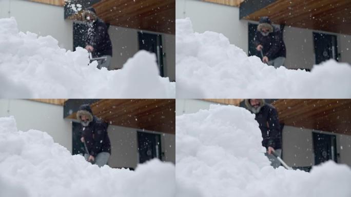 SLO MO LD男子铲雪并将其扔进相机