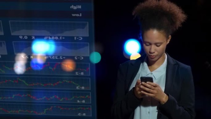 LD年轻的混血儿女企业家晚上站在外面，在智能手机上检查交易应用程序