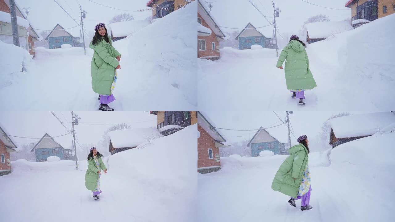 慢动作女人与雪的乐趣