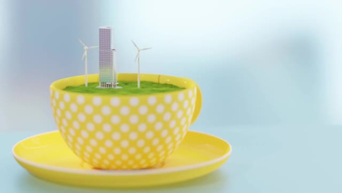 摩天大楼或带有黄色圆点咖啡杯的草地上的电动涡轮机的建筑物。以最小的概念设计。