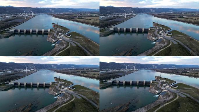 罗纳河上的水坝和水过滤处理厂。俯瞰Ardeche和风力发电场周围的山脉