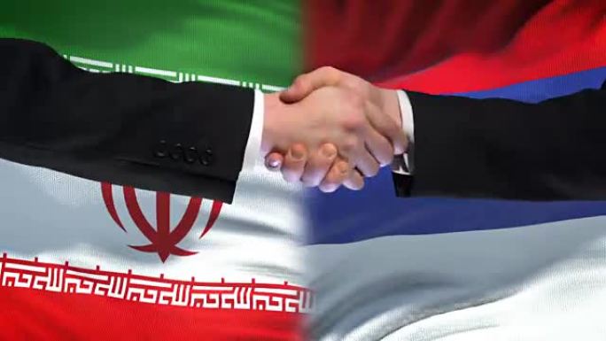 伊朗和俄罗斯握手，国际友谊关系，旗帜背景