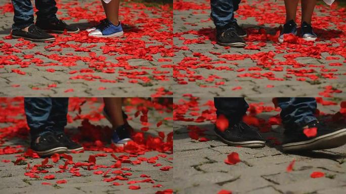 相爱的夫妇慢慢地走在玫瑰花瓣的路上，用脚扔他们