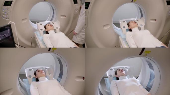 4k视频女孩患者躺在计算机断层扫描床上，在医疗诊所扫描肺部诊断肺癌。医学门诊肺癌的CT x线检查。