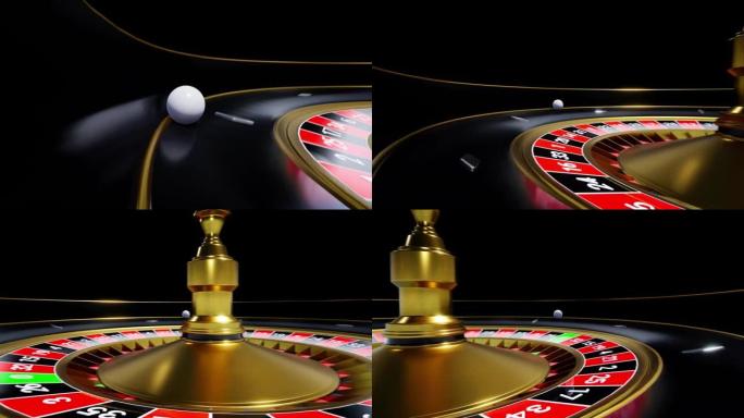 黑色和金色轮盘上滚动动态白球，赌博游戏背景