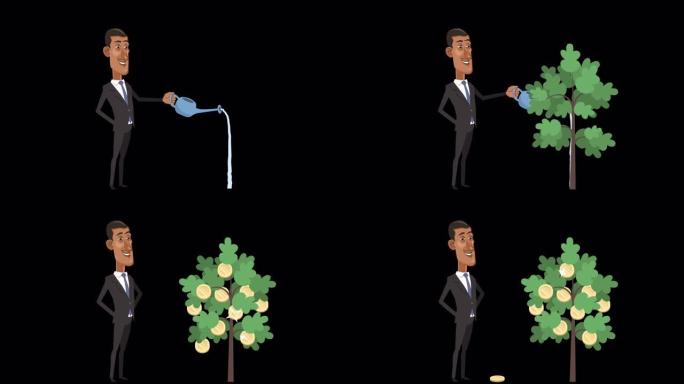 卡通黑人非洲商人角色用金币种植摇钱树动画用阿尔法频道