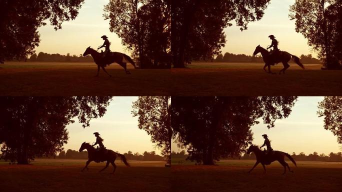 女人在日出时以超慢动作骑马