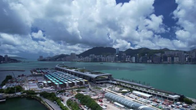 启德邮轮码头无人机在香港的观点，与小屋医院隔离，成为未来临时公共住房计划的一部分