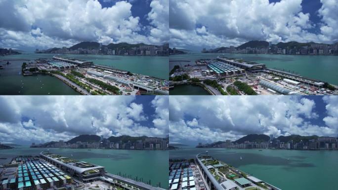 启德邮轮码头无人机在香港的观点，与小屋医院隔离，成为未来临时公共住房计划的一部分