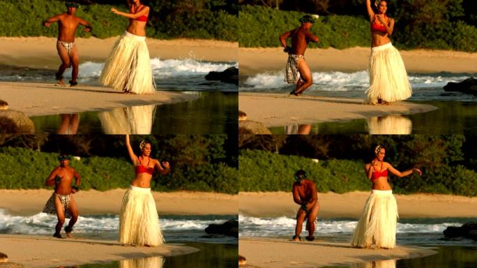 波利尼西亚舞者在夏威夷的海滩上表演，慢动作