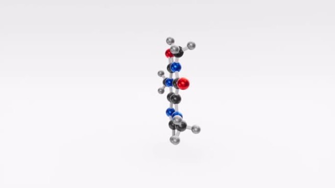 咖啡因分子的结构化学式。3D动画