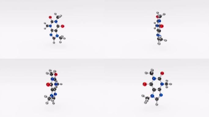 咖啡因分子的结构化学式。3D动画