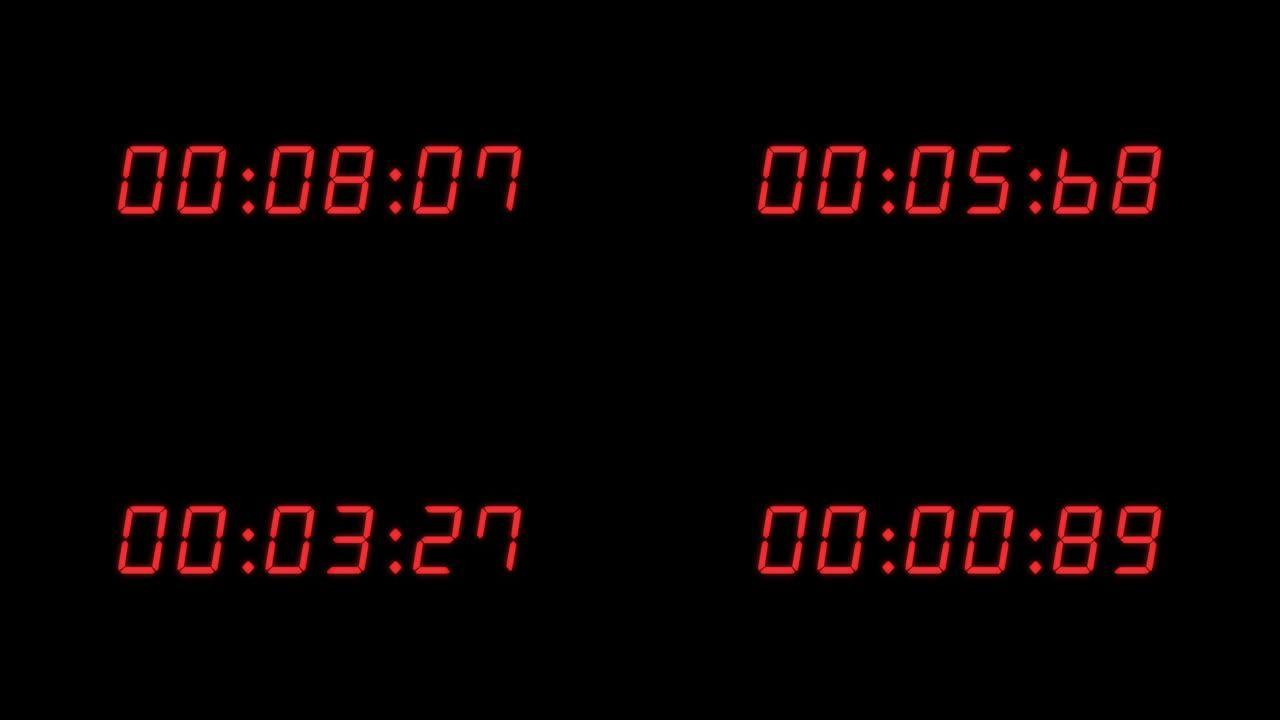 6位数字10秒数字时钟倒计时定时器。黑色bg上的红色数字