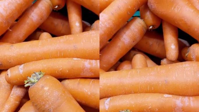 很多胡萝卜，顶视图。胡萝卜，洗净的胡萝卜，维生素a的好处