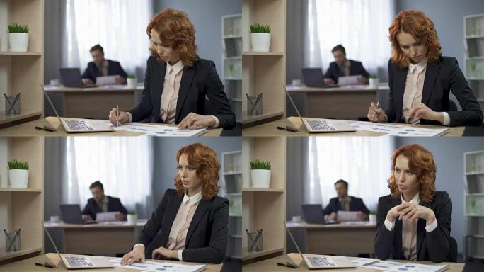 桌上的女士标记统计图，考虑结果，年度报告