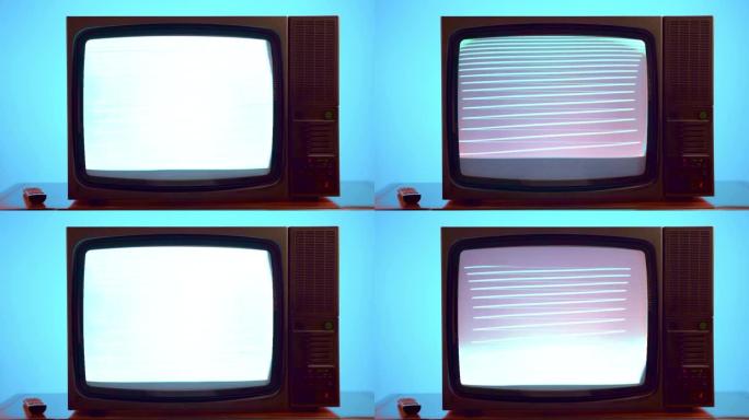 蓝色背景下破碎的老式电视上的广播和新闻传输中断，卫星信号不良导致闪烁条纹和屏幕失真的复古电视，老式电