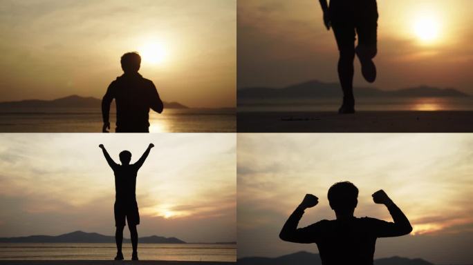 男人跑步奔向夕阳成功希望