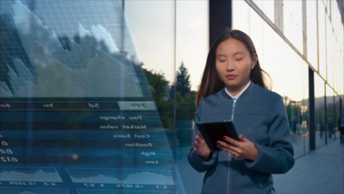 TS年轻的亚洲女企业家在沿着现代商业大楼行走时在数字平板电脑上检查交易应用程序