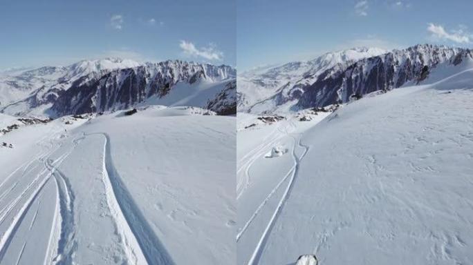 POV第一人称视角，在中亚山峰上的粉末雪上滑雪