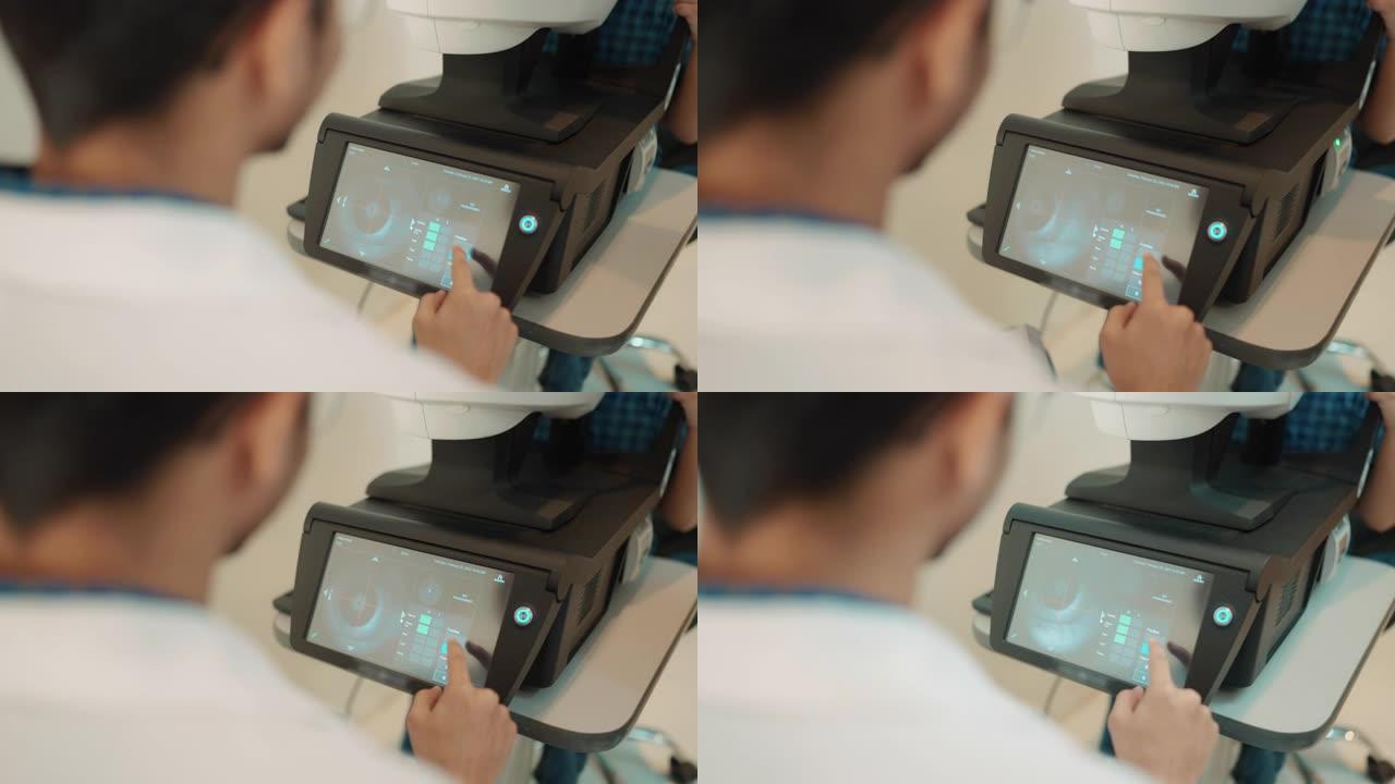 眼科医生使用设备检查患者的眼睛。