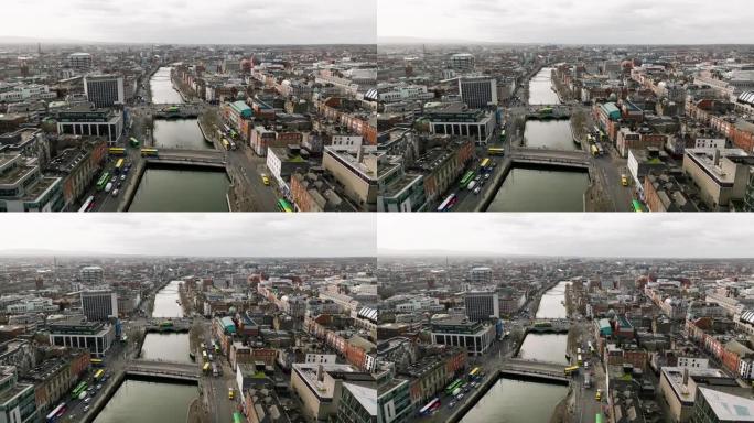 都柏林爱尔兰利菲河和市中心的鸟瞰图，都柏林天际线和塞缪尔·贝克特桥的鸟瞰图，爱尔兰都柏林市的鸟瞰图