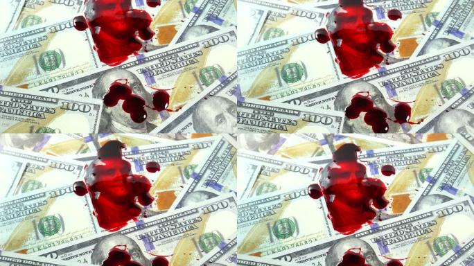 近看，红色血迹上的美元。