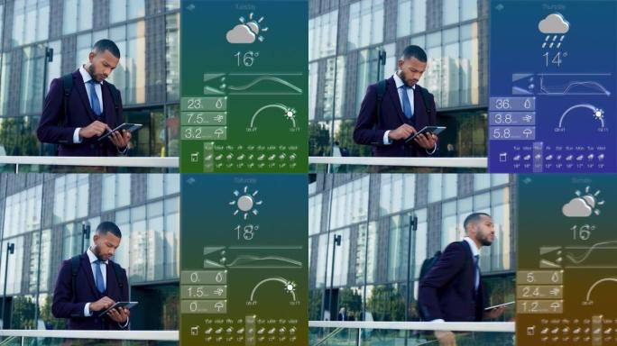 DS年轻的男性企业家在商业大楼前的数字平板电脑上检查天气应用程序，然后带着滑板走开