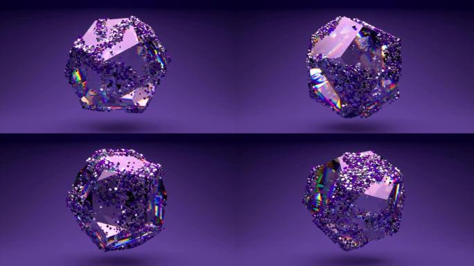 水晶人物旋转。小颗粒在表面上滑动。宝石刻面中的折射光。