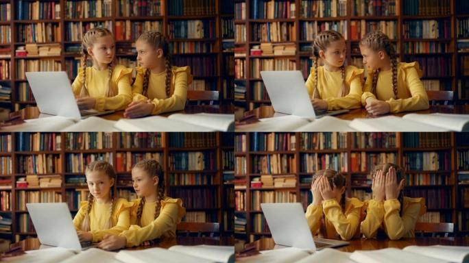 有趣的双胞胎姐妹在图书馆做作业时争吵，兄弟姐妹的竞争