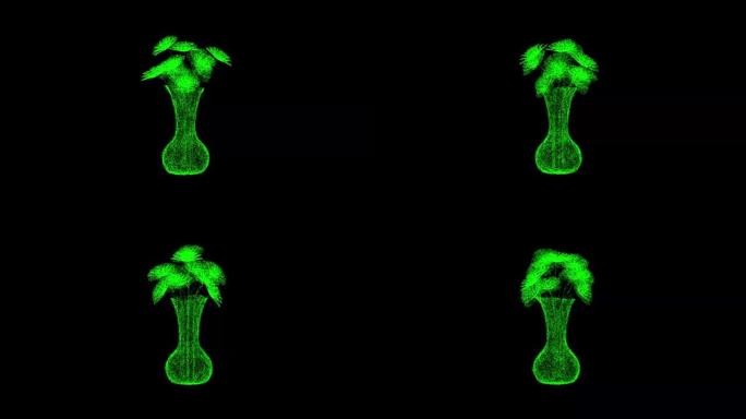 带花朵的花瓶3D线框全息图在运动。不错的3D渲染