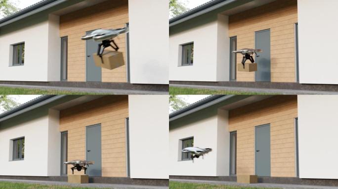 无人机将食品和货物运送到房屋，四轴飞行器带盒飞行，快速有效地运送，未来技术。