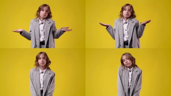 4k视频，一个女孩挥舞着手臂，却不知道黄色背景上的答案。