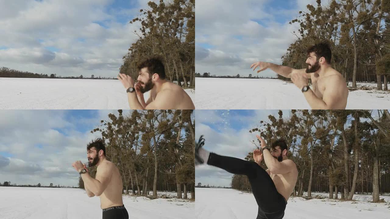 裸体肌肉男子在冬季球场与隐形对手拳击
