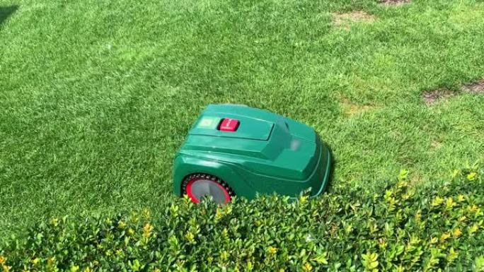自动智能绿色无线割草机在绿色领域工作。机器人、无线、无驱动发动机电机。园艺