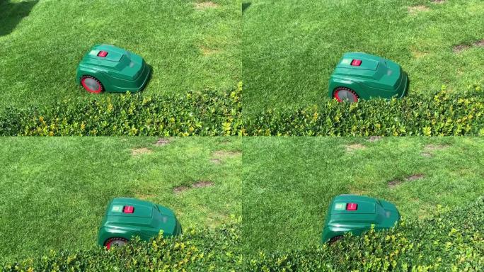自动智能绿色无线割草机在绿色领域工作。机器人、无线、无驱动发动机电机。园艺